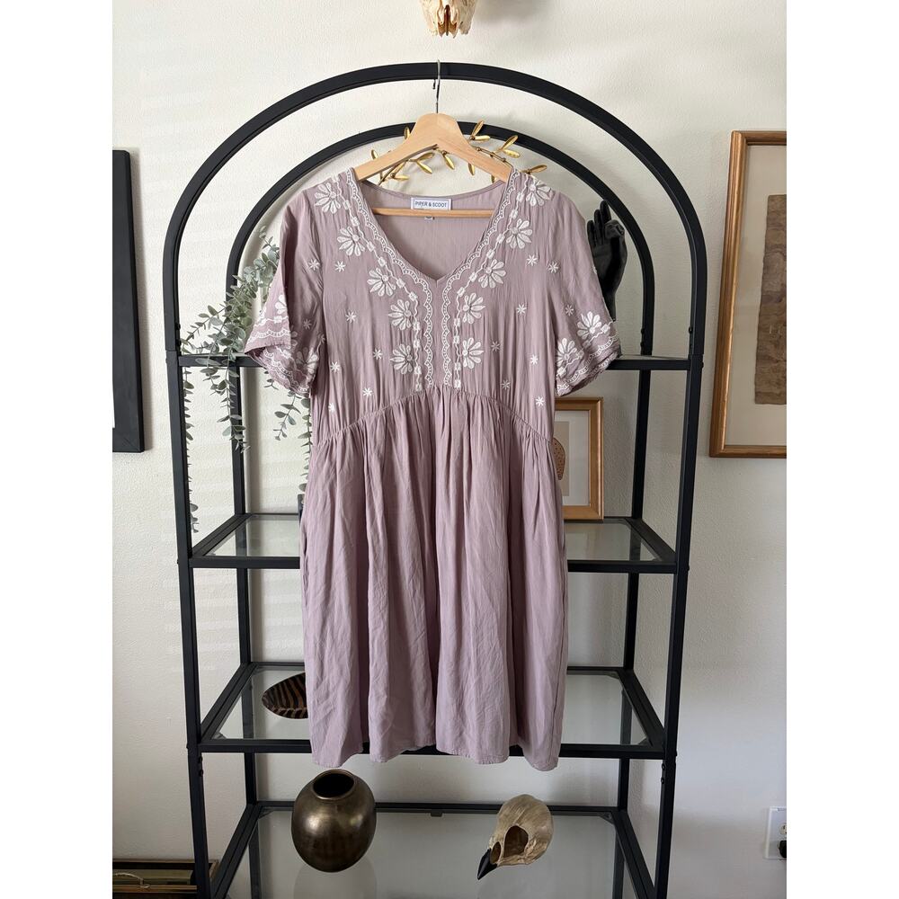 Piper & Scoot Embroidered Babydoll Dress Women Small Boho Mauve Mini
